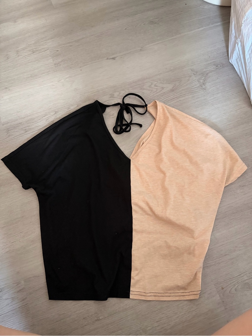 Two-Tone Black and Beige open back Tie-Accent Top